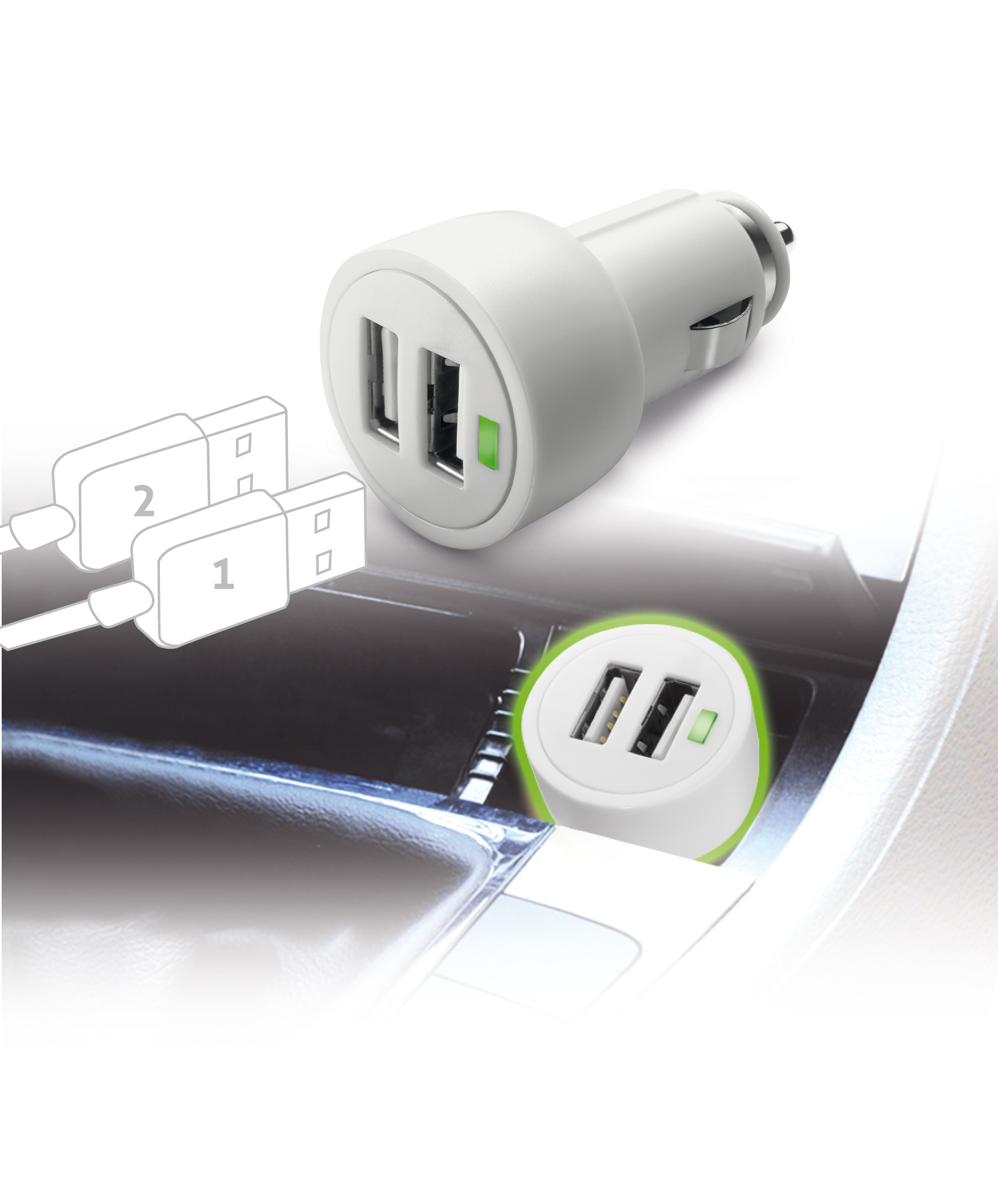 Usb dual car micro charger, tablet 3A, white