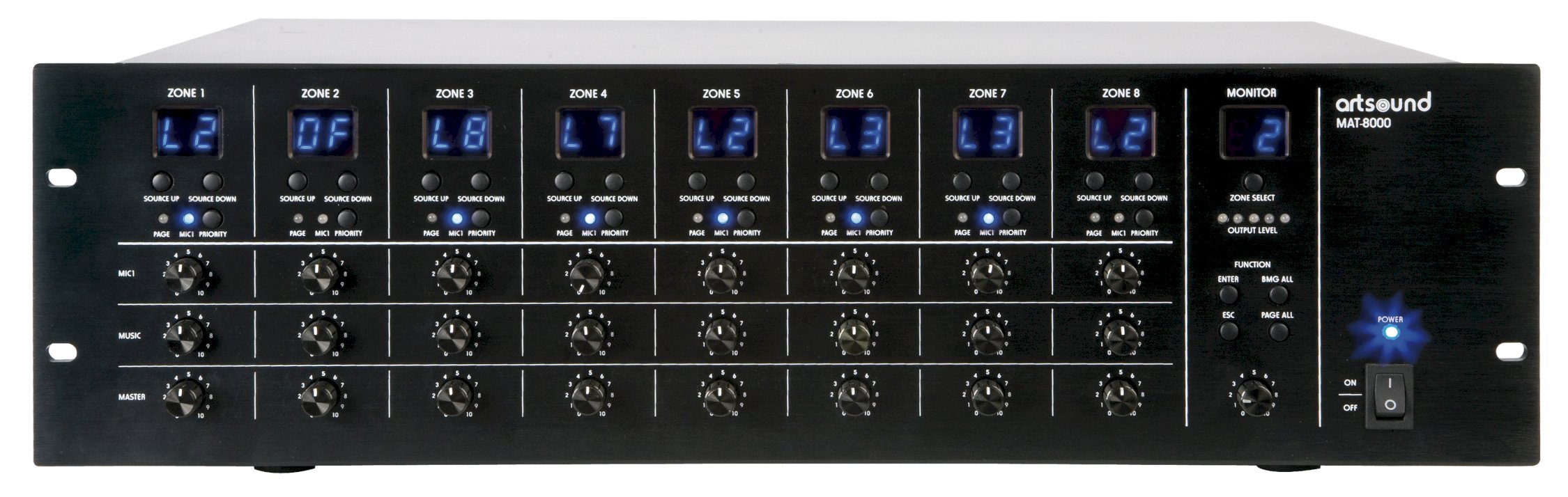 MAT-8000, 8x8 audio matrix + paging, 70V/100V/4-16Ohm, 3U