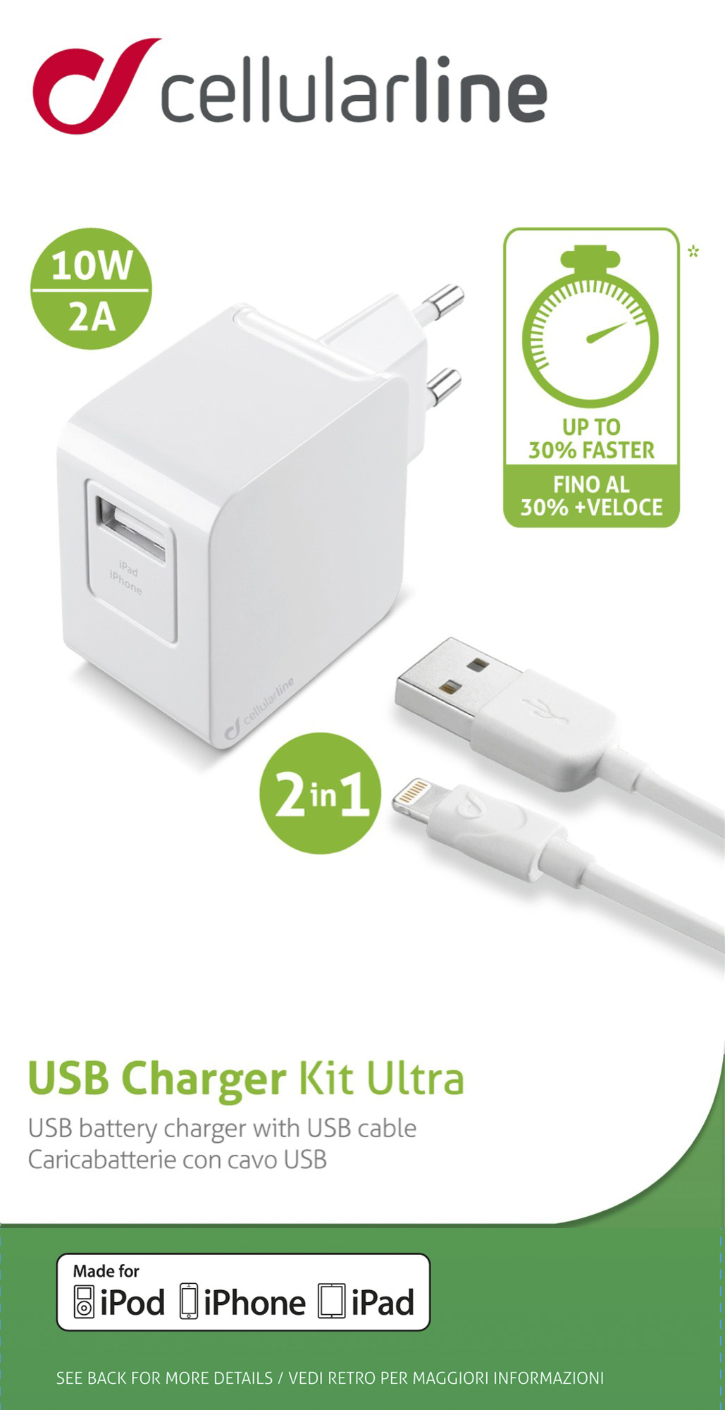 Travel charger kit, 10W/2A lightning Apple, white