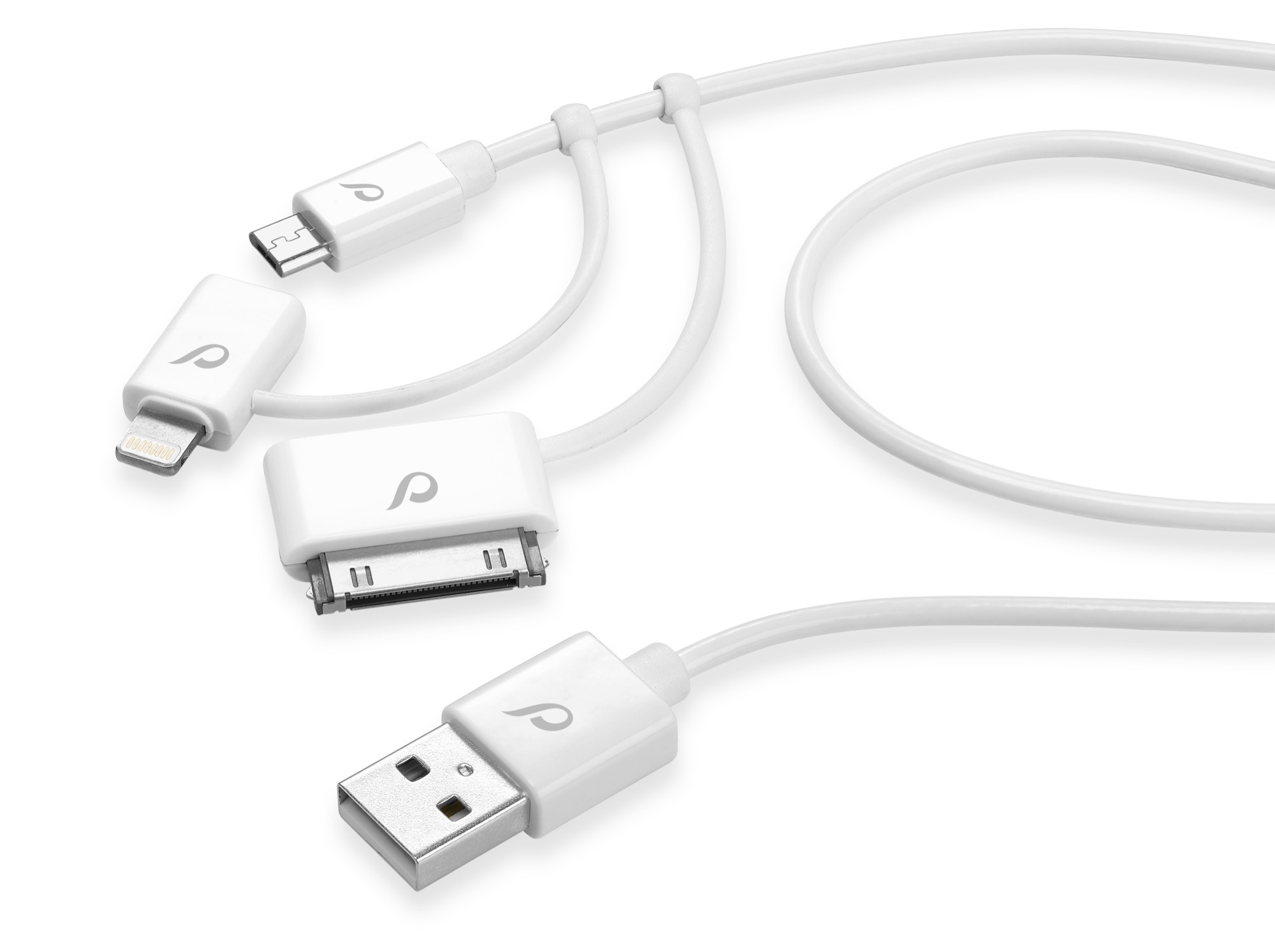 Usb cable 3 in 1, micro-usb + lightning + 30 pin, white