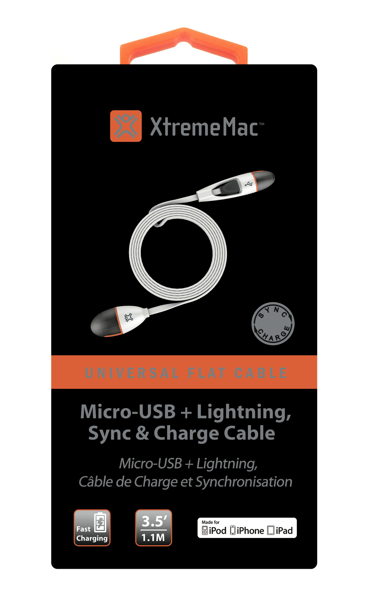 Data kabel, 2-in1 lightning+micro-usb (1,1m), vlak, wit