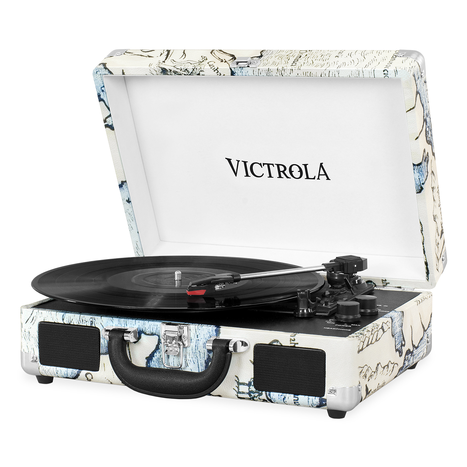 VSC-550BT-P4, suitcase record player 3-speed stereo speakers, BT,immit. leather, map print