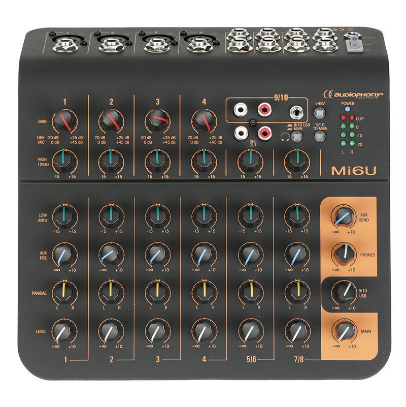 Mi6U, mixer 6 channels, 4 mic + 2 stereo, 1 aux + USB