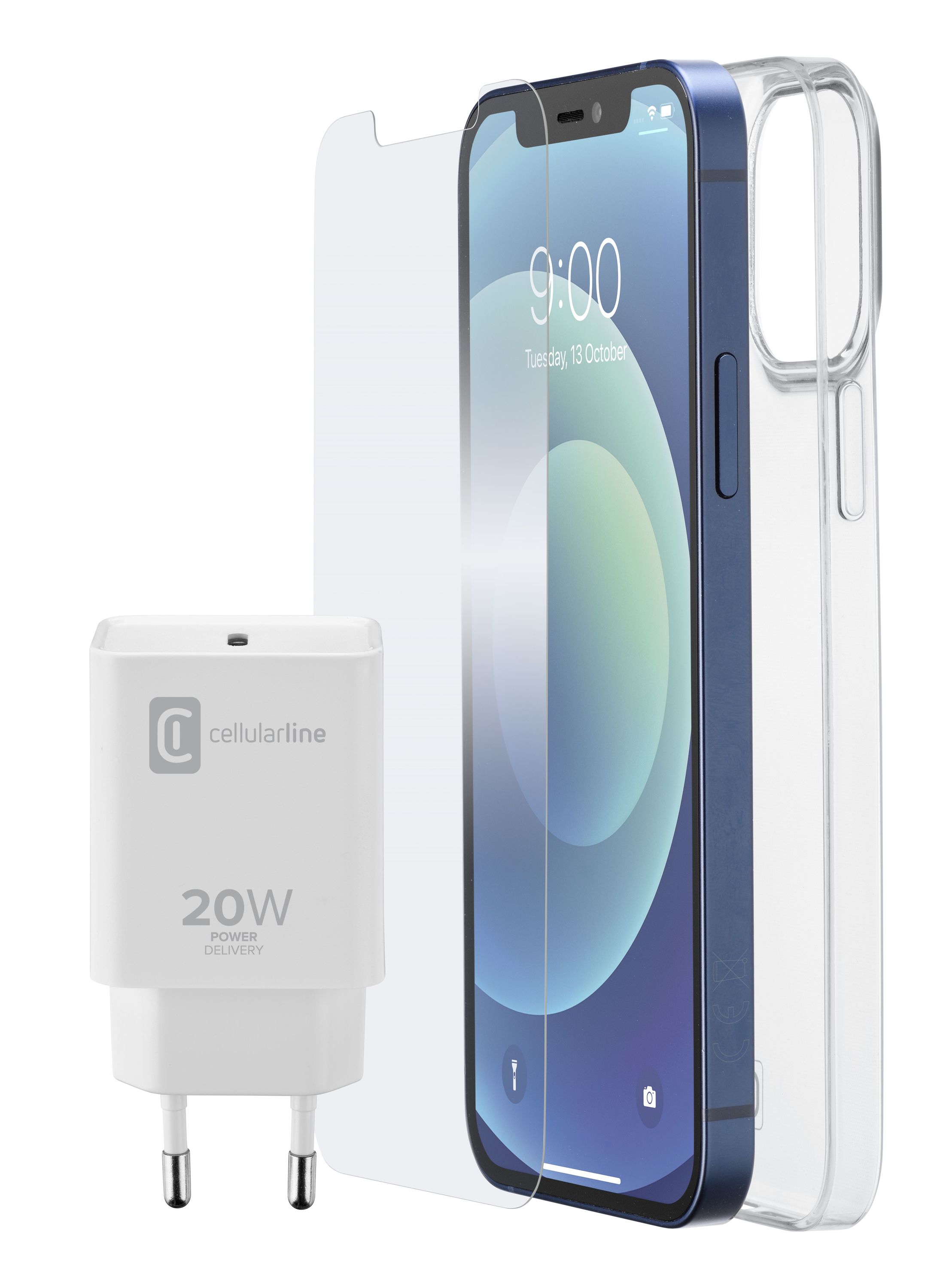 iPhone 12 Mini, starter kit travel charger usb-c 20W, transparent case, SP